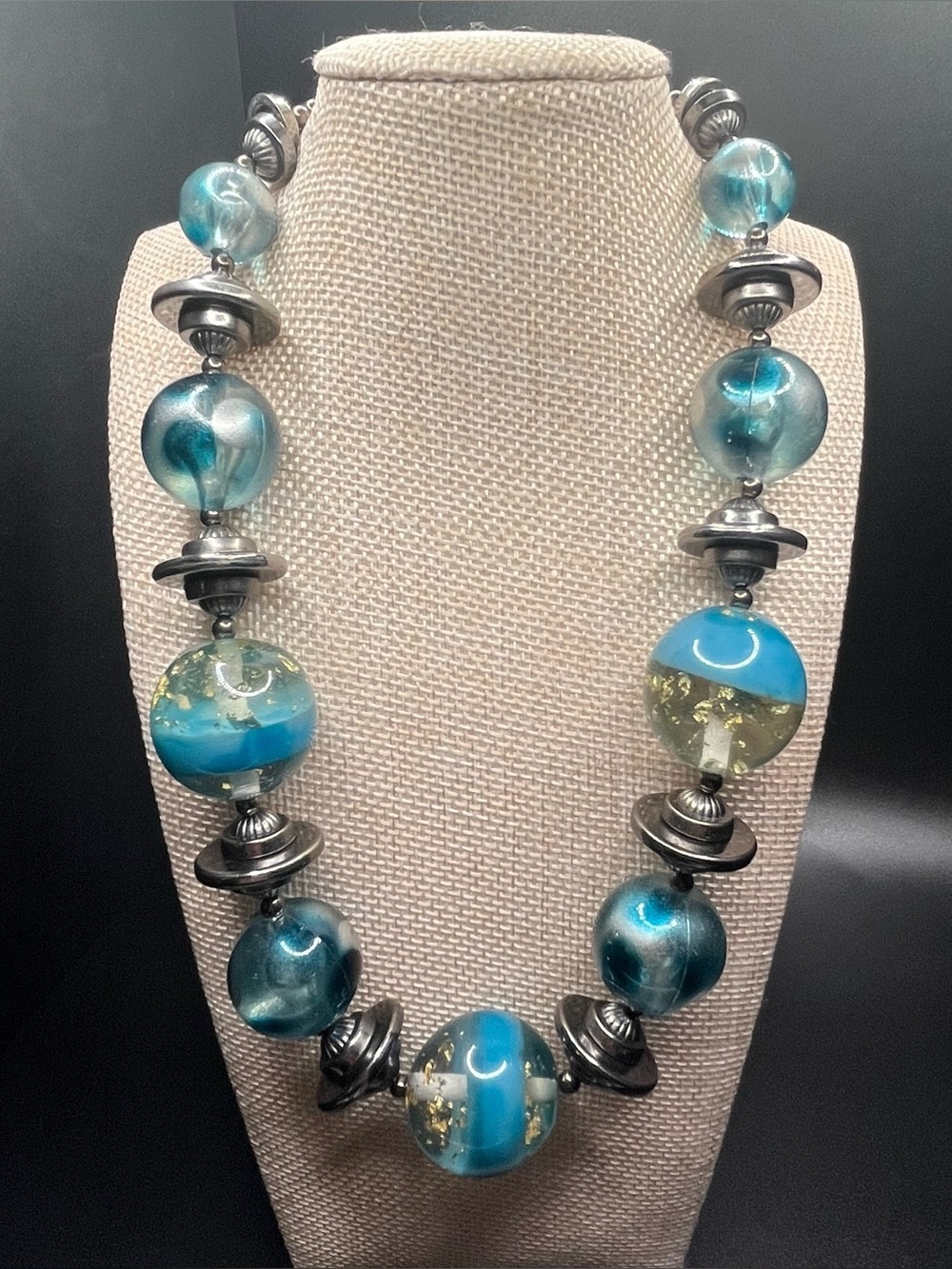 Vintage Blue Lucite Bead Statement Necklace Gunmetal Spacers Adjustable, Chunky